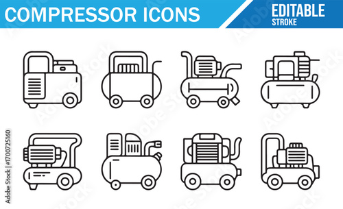 Vector outline air compressor illustrations for workshop and engineering use