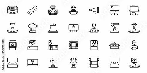 Outline icons depicting industrial automation and manufacturing processes and equipment shown in rows