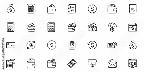 Illustration of various financial icons including wallets calculators money bags and credit cards on white background