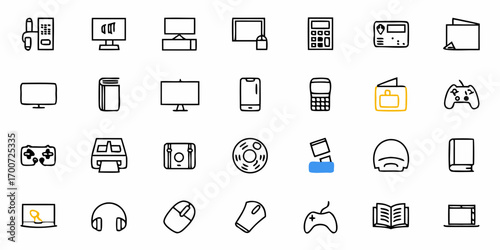 Collection of electronic devices and office supplies in a minimalist line art style illustration