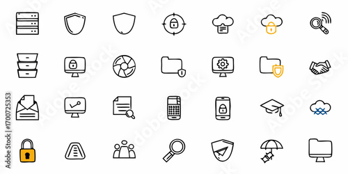 Collection of security and technology related icons including cloud and computer symbols and server racks