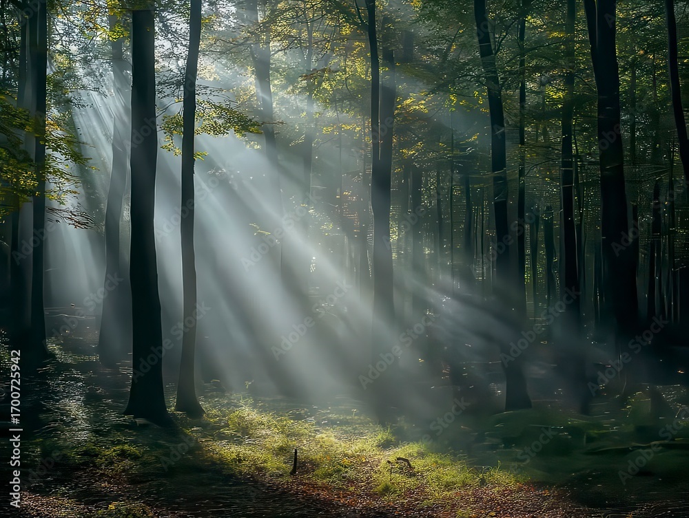 Obraz premium Forest with sunlight shining through the trees, creating a serene