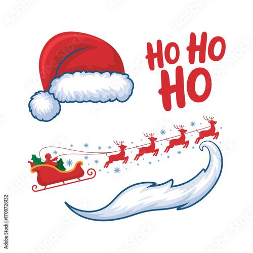 Festive Christmas Cheer Depicted with Santa Hat, Sleigh, Reindeer, and Beard with Ho Ho Ho Text