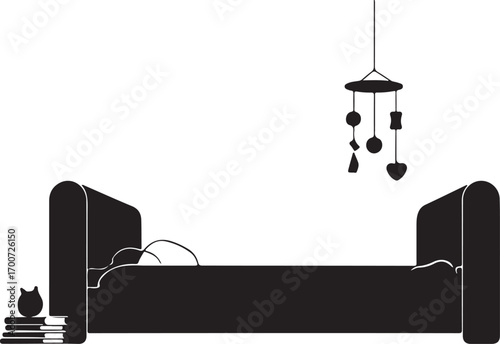 Black Silhouette of a Child's Bed with Books and Mobile on White Background Keywords: bed, child bed, nursery, baby, silhouette, black, white background, books, stack of books, owl figurine