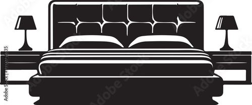 Black Silhouette of a Bed with Nightstands and Lamps on White Background Keywords: bed, silhouette, bedroom, furniture, interior, nightstand, lamp, design, domestic, comfort, sleep, home, black and