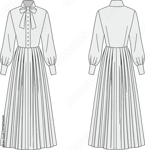 Elegant pleated maxi dress with bow tie collar, long sleeves, button front design, fashion garment cad drawing flat vector illustration