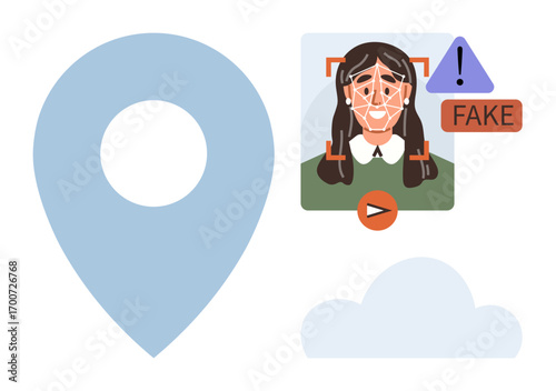 Facial recognition software flags fake identity with highlighted facial scan, alert sign, and fraud notice. Ideal for technology, cybersecurity, AI, biometrics, deepfakes, verification identity