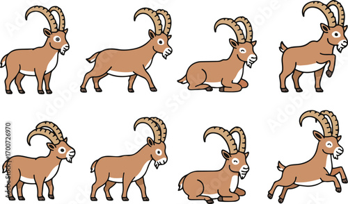 vector illustration of ibex goat funny cute cartoon mascot character cartoon with 8 poses 01