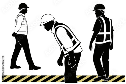 Silhouettes of three construction workers in hard hats and safety vests, depicted in various poses on a white background.