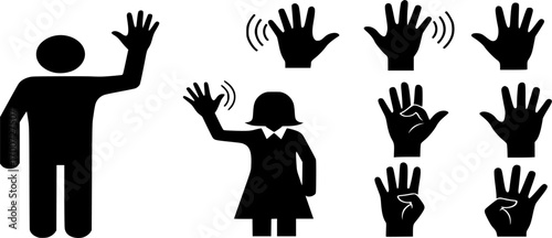 Waving hand silhouettes, People waving hand silhouettes, Man waving hand, Woman waving hand, Person waving hand, Waving with hands silhouette set