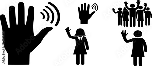 Waving hand silhouettes, People waving hand silhouettes, Man waving hand, Woman waving hand, Person waving hand, Waving with hands silhouette set