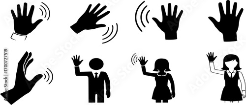 Waving hand silhouettes, People waving hand silhouettes, Man waving hand, Woman waving hand, Person waving hand, Waving with hands silhouette set
