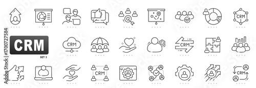 CRM outline icons for customer relationship management: leads, pipeline, analytics, automation, dashboard, retention, support, marketing, integration, cloud, conversion, loyalty, workflow