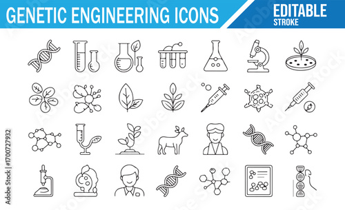 Laboratory and biotech icons set including DNA helix, test tube, and microscope