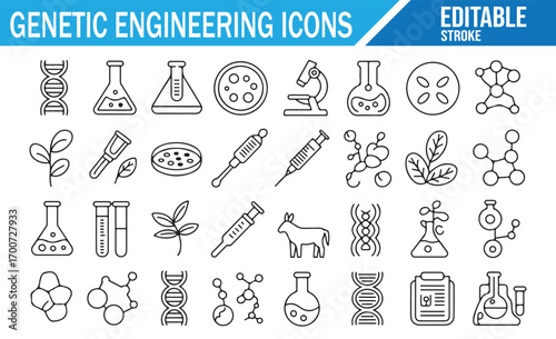 Editable stroke vector icons for biology, cloning, and genetic modification concepts