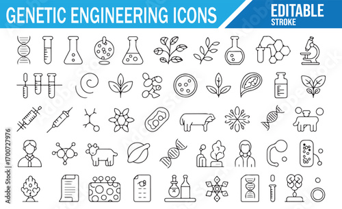 Genetic engineering outline icons set with DNA, molecules, and biotechnology symbols
