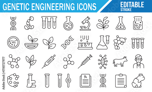 Line art genetic engineering icons set including DNA helix, laboratory flask, microscope, petri dish, syringe, plant, molecule, livestock, test tube, research document, and biotechnology outline symbo
