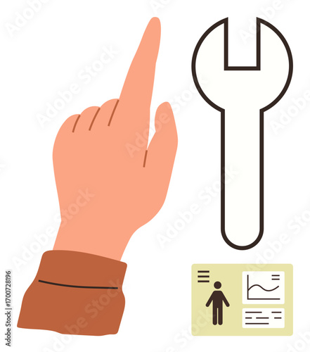 Hand pointing upward paired with a wrench and data card featuring graphs. Ideal for problem-solving, technical support, innovation, workflow enhancement, planning, construction, tools. Minimal style