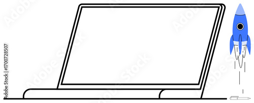 Open laptop and blue rocket launching upward represent creativity, technology, startup growth, and innovation. Ideal for entrepreneurship, productivity, tech development, career progress, online