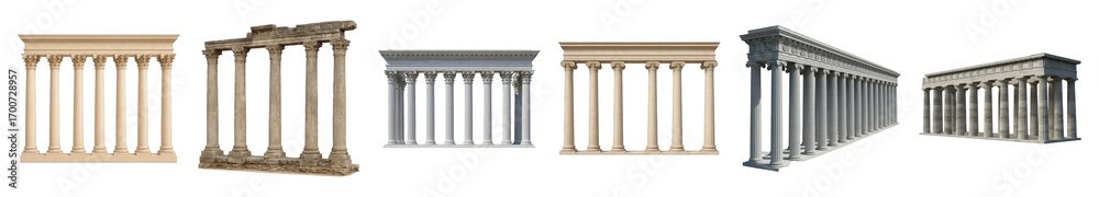 Fototapeta premium Classical column set including Corinthian, Ionic, Doric, and ruined styles isolated. Ancient architecture design elements.