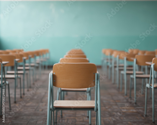 A row of empty wooden school chairs arranged neatly in a classroom, with a simple turquoise wall in the background.