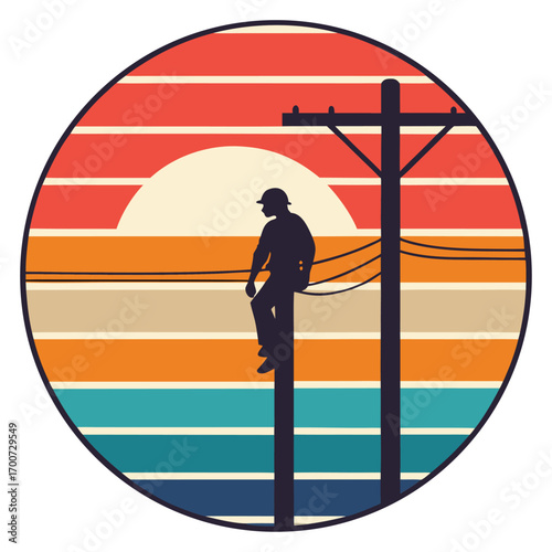 Silhouette Asian lineman works on electrical pole against retro sunset background, transparent