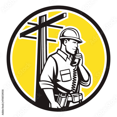 Confident repairman answers the phone in a round emblem near utility pole