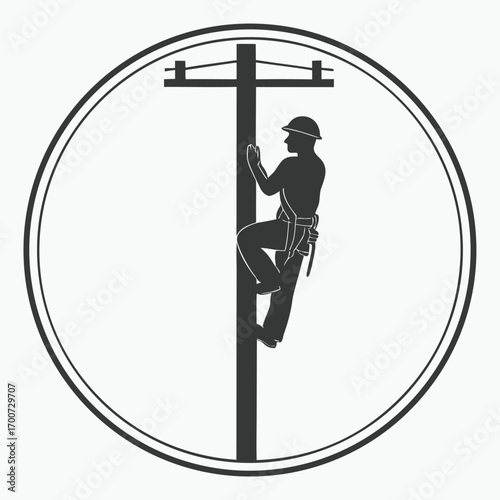 Silhouette shows electrician wearing safety helmet and gear climbing a utility pole inside a circle