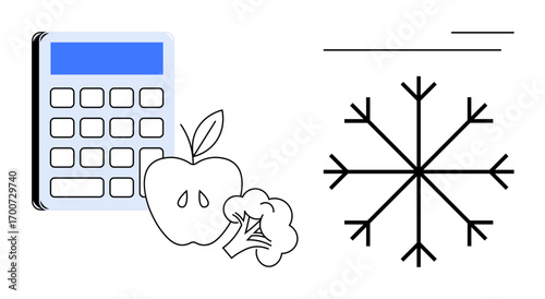 Calculator with fresh apple and broccoli, large snowflake. Ideal for nutrition, diet, health planning, seasonal meal prep, calorie tracking, healthy lifestyle, simple flat metaphor