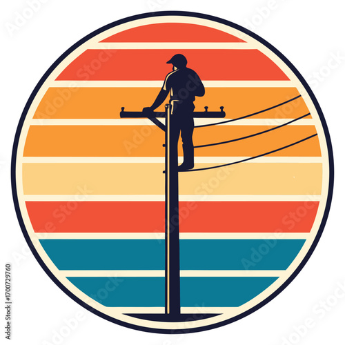 Silhouette of a lineman working on a pole against a sunset, transparent background