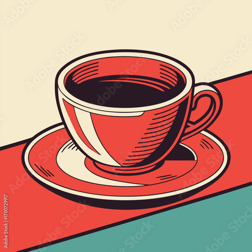 Bold line art portrays a red cup of black coffee resting on its saucer
