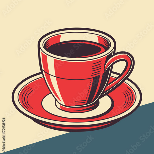 Red ceramic cup filled with dark liquid is placed on matching saucer