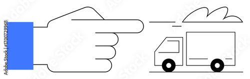 Hand directing focus to a moving delivery truck with motion lines and cloud symbolizing fast service. Ideal for logistics, transportation, speed, delivery efficiency, online shopping, express