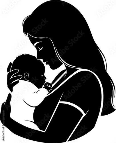 mother holding new born baby silhouette vector illustration