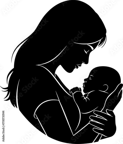 mother holding new born baby silhouette vector illustration