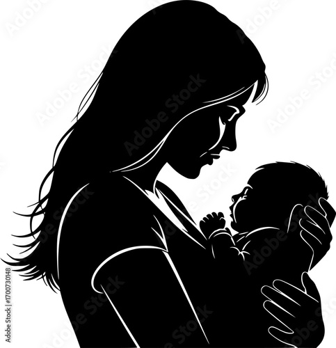 mother holding new born baby silhouette vector illustration
