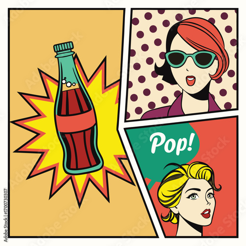 Comic book style depicts a drink exploding with surprised women saying pop