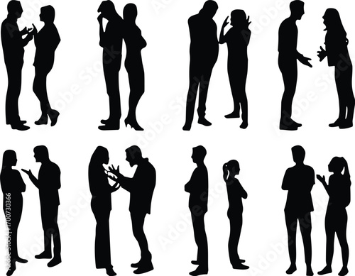 Silhouette people arguing, couple conflict illustration, man and woman disagreement, communication problem concept, cad drawing flat vector illustration