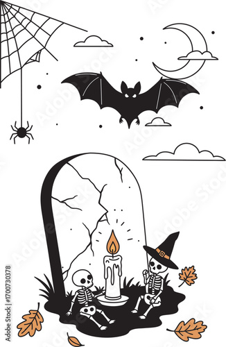 ,Spooky skeletons gather by candlelight near cracked tombstone under moonlit Halloween sky