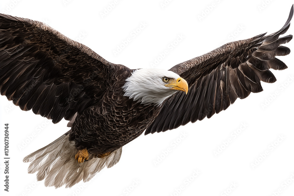 Fototapeta premium Majestic bald eagle in flight wings spread wide against a white background a powerful symbol of freedom and nature