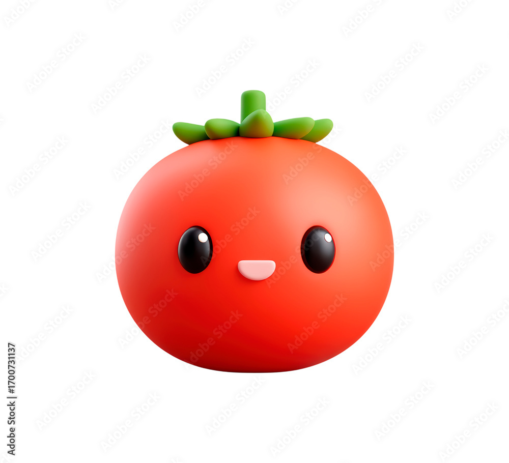 Obraz premium Cute smiling kawaii tomato with green leaves in 3d style on transparent background, PNG