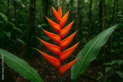 Striking red heliconia lobster claw flower in tropical rainforest, vibrant jungle bloom with bold bracts framed by lush green foliage