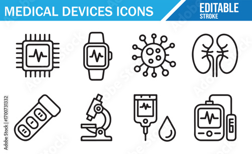Editable stroke hospital icons showing blood, patient monitor, and microscope