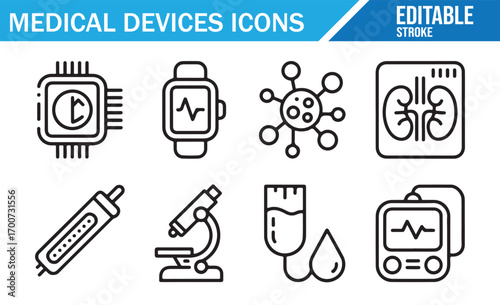 Outline medical technology icons set featuring lab, patient, and diagnostic tools