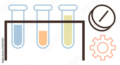 Laboratory test tubes in a rack, tablet, and gear symbolizing science, research, medicine, innovation, laboratory work, pharmaceutical development and analytical processes. Ideal for science