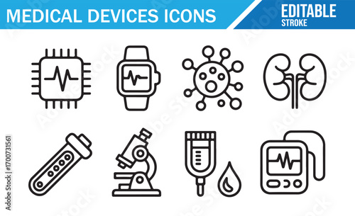 Thin line healthcare vector icons with thermometer, monitor, and microscope