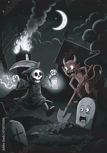 Grim Reaper and Devil cause Halloween chaos in spooky graveyard at night