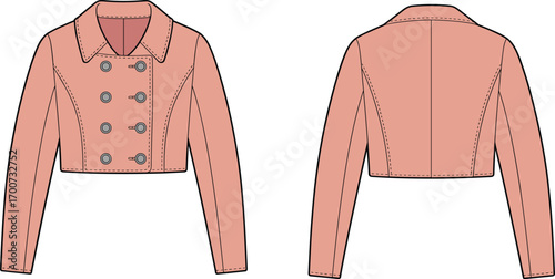 Double breasted cropped jacket fashion flat sketch, women’s outerwear technical drawing, stylish coat template, apparel design CAD drawing flat vector illustration