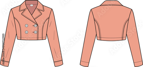 Cropped double breasted jacket fashion flat sketch, women’s outerwear technical drawing, stylish coat template, apparel design CAD drawing flat vector illustration