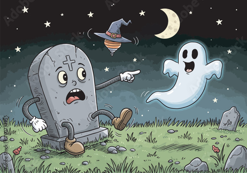 Scared tombstone flees from spooky ghost in moonlit graveyard